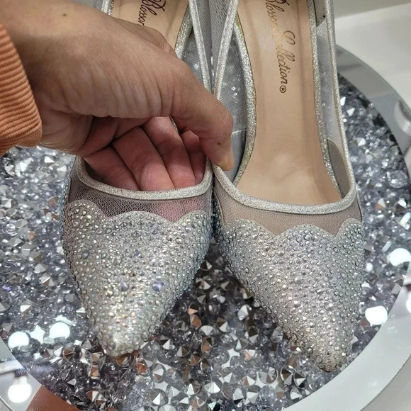 De Blossom Collection Silver Mesh Pointed Toe Stilletto Rhinestone Dress Pump - Picture 11 of 12